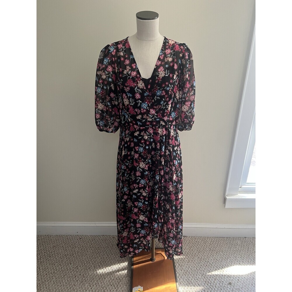 Calvin Klein Floral Puff Sleeve MIDI Dress SZ 12 Romantic Easter Church Modest - Picture 3 of 7